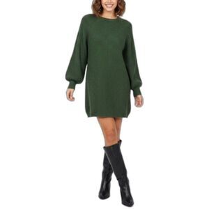 12th Tribe Women's Pine Green Ribbed Knit Crewneck LS Sweater Mini Dress Sz M/L